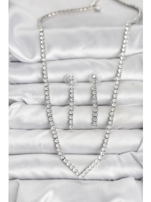 Alvo Store Buğz Gümüş Renk Zirkon Taşlı Kadın Kolye Küpe Seti