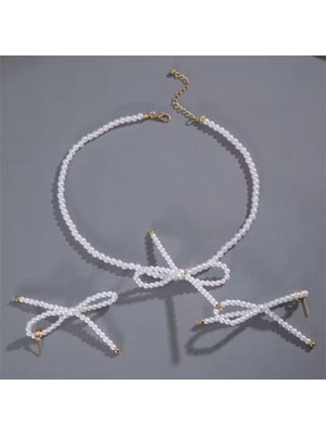 Shiklik 2 Adet Incili Fiyonk Model Kadın Takı Seti Kolye, Küpe