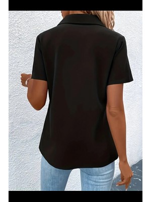 Mericline Kadın Kısa Kollu Ceket Yaka Önü Fermuarlı Cep Detay Kısa Kol Ithal Krep Bluz