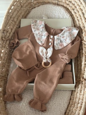 Florije Baby Toprak Tonlarında Müslin Yakalı Triko Kız Bebek Tulum Seti 3 Parça