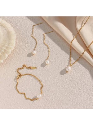 Shiklik Zarif 3'lü Inci Zincir Kadın Takı Seti Bileklik, Kolye, Küpe