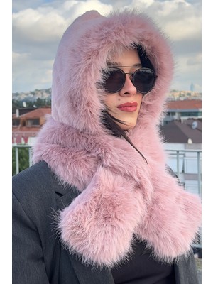MollyCrush Peluş Kapüşonlu Şal Şapka - Yumuşak Dokulu Pembe Kışlık Boyunluk