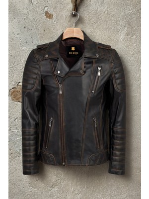 AsyaClub Derije Modric Hakiki Deri Erkek Vintage Eskitme Biker Motorcu Tarzı Mont