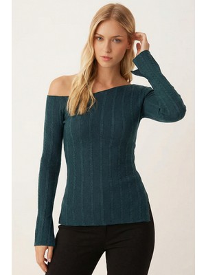 Armonika Kadın Antrasit Asimetrik Yaka Yandan Yırtmaçlı Bluz ARM-26K001066