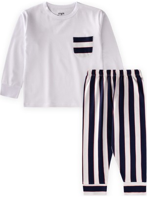 Cigit Çizgili Pijama Takım 2-8 Yaş Kırık Beyaz