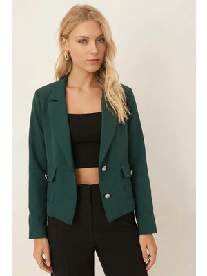 Armonika Kadın Zümrüt Erkek Yaka Kare Cepli Crop Ceket ARM-26K001026