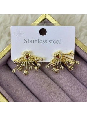 Septemmart Gold Renk Taşlı Kalp ve Yıldız Figürlü Ear Jacket Küpe