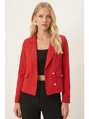 Armonika Kadın Kırmızı Erkek Yaka Kare Cepli Crop Ceket ARM-26K001026