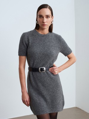 Dilvin 90257 Bisiklet Yaka Yün Karışımlı Triko Elbise-K.füme M.
