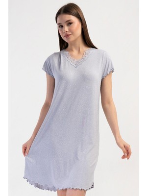Vienetta Kadın Dantelli V Yaka Kısa Kol Gri Gecelik Tunik C3T0N3904