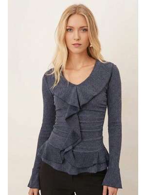 Armonika Kadın Mavi Yakası Fırfırlı Kolları Volanlı Büzgülü Bluz ARM-26K001079