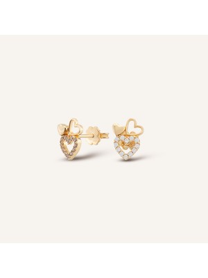 Aja Evira Çok Kalp Figürlü Çok Taşlı Pimli Altın Küpe