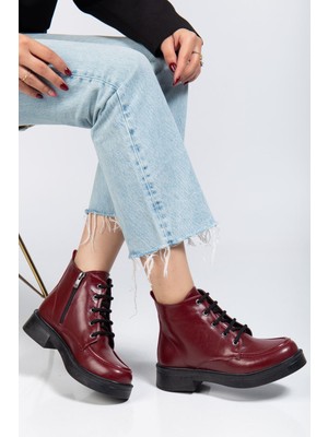 Aymood 02-2001 Bordo Kırışık Rugan Bağcıklı Fermuarlı Günlük Kadın Bot