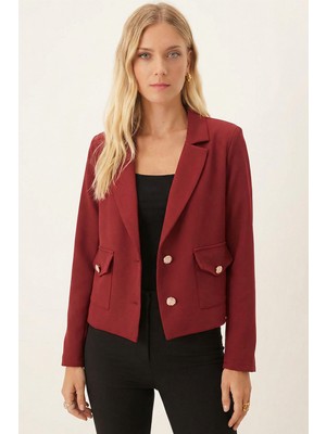 Armonika Kadın Bordo Erkek Yaka Kare Cepli Crop Ceket ARM-26K001026