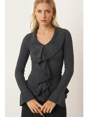 Armonika Kadın Füme Yakası Fırfırlı Kolları Volanlı Büzgülü Bluz ARM-26K001079