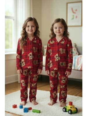 NiCe İç Giyim Kırmızı Tedy Bear (Ayıcıklı ) Ekose Ince Süet Kız Çocuk Pijama Takım 5 - 14 Yaş Aralığı