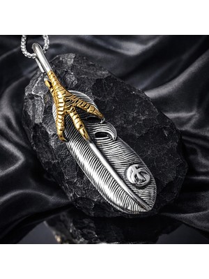 Paslanmaz Çelik Atşın Gümüş Renk Güç Sembolü Kartal Pençeli Tüy Erkek Kolye