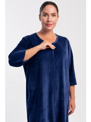 Vienetta Kadın Büyük Beden Kadife Kapri Kol Fermuarlı Lacivert Ev Elbisesi C8T7N1705