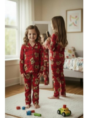 NiCe İç Giyim Kırmızı Tedy Bear (Ayıcıklı ) Ekose Ince Süet Kız Çocuk Pijama Takım 5 - 14 Yaş Aralığı