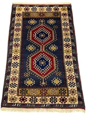 Burak Halı El Dokuma Yahyalı Halısı 94X150 Lacivert Krem Az Hatalı %100 Yün Halı Lacivert