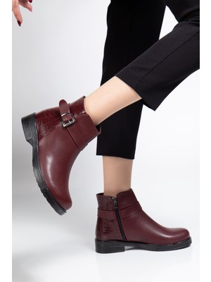 Aymood 165-204/1 Bordo Kroko Toka Aksesuarlı Fermuarlı Günlük Kadın Bot