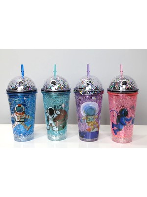 Marsilyan Sevimli Astronot Pipetli Işıklı Pullu Suluk Bardak 400 ml