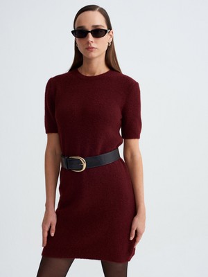 Dilvin 90257 Bisiklet Yaka Yün Karışımlı Triko Elbise-Orta Bordo