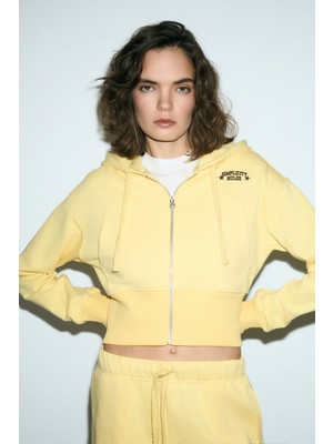 Grimelange Elara Kadın Metal Fermuarlı Nakışlı Kapüşonlu Crop Sarı Sweatshirt