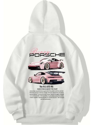 Brz Collection Unisex Oversize Berry Porsche Hoodie (Beyaz)