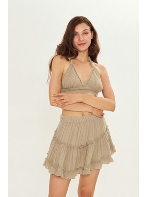 Camenta Dökümlü Asimetrik Kesim Naturel Müslin Mini Etek