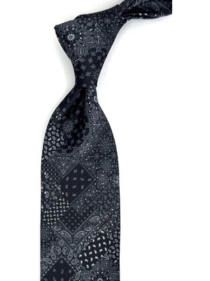 Kravatkolik Şal Desen Siyah Patchwork Klasik Kravat KK13364