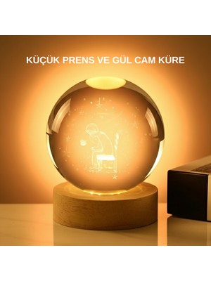 K-yonlineticaret 8 cm Küçük Prens Cam Küre USB Işıklı Ahşap Tabanlı Dekor - KY002K-6PXRP2