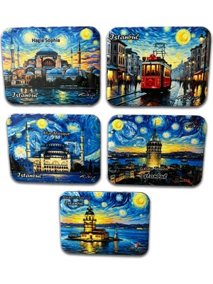 Arda Hediyelik Eşya Istanbul Temalı 5'li Metal Magnet Seti – 6x8 cm – Van Gogh Esintisi Serisi