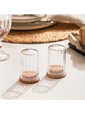 Welcomein Şeffaf Kristal Tuzluk & Biberlik Seti – Ahşap Tabanlı, Modern Masaüstü Sunum