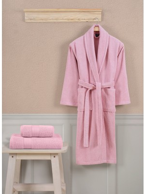 Ellaline 3 Parça Bornoz Seti %100 Pamuk Sertifikalı, Şalyakalı Bornoz Vücut ve Baş Havlusu Takımı Pembe