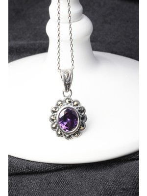 By Barun Oval Kolye Mor Ametist Markazit 925 Ayar Zirkon Taşlı Gümüş Kolye