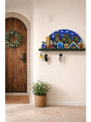 Anı Atölyesi El Yapımı 7 Kancalı Ahşap Ev ve Bahçe Dekoratif Duvar ANAHTARLIK/50X25