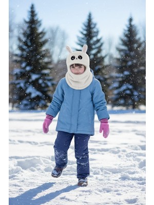 Eleven Markets Kız Çocuk Kulaklı Bere Boyunluk Animal Sevimli Tavşan Desenli Polar Kışlık Şapka & Atkı, 3-9 Yaş Beyaz