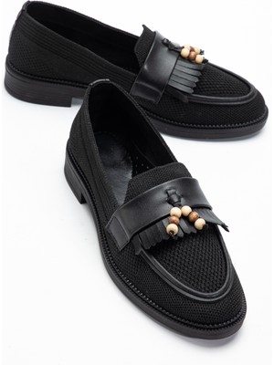 Abba Siyah Triko Püsküllü Boncuklu Loafer Günlük Babet