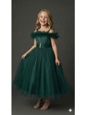 Ay Yılmaz Kız Çocuk Tarlatanlı Prenses Model Gelinlik Abiye Elbise Broşlu Zümrüt Yeşili