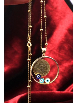 By Barun Çeyrek Model Sarı Gold Kolye Mavi Göz Mineli 925 Ayar Gümüş Kolye