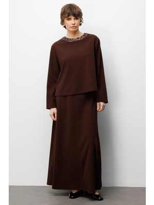 Micca Leopar Garni Detaylı Duble Krep Doku Kumaş Etekli Takım-Kahve