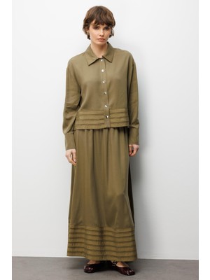 Micca %100 Doğal Lyocell ile Dökümlü Soft Hissiyat ve Elişi Bant Detaylı Maxi Etek / Ceket Kombin Takım-Haki