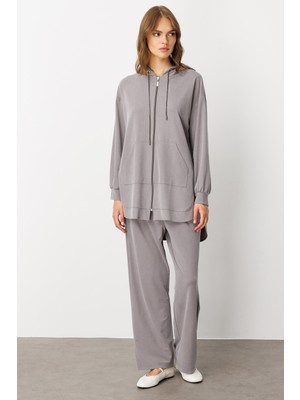 Micca Soft Örme (Miccell %55 Doğal Içerik) Elişi Detaylı  Pantalon Kombin Takım-Gri