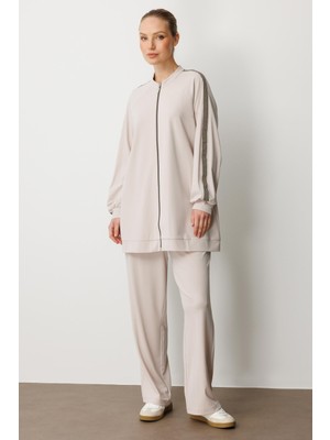 Micca Soft Modal Örme (Miccel %55 Doğal) Içerikli Garnili Detaylı Pantolon Kombin Takım-Taş