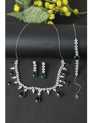 By Barun Gümüş Set Gerdanlık Kolye Küpe Bileklik Safir Zümrüt Yakut 925 Ayar Zirkon Taşlı Beyaz Silver Zincirli Özel Günler Için Düğün Kına Nişan Abiye Set