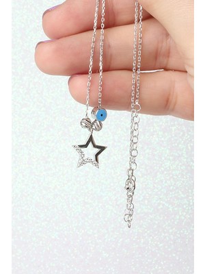 By Barun Yıldız Kolye Nazar Boncuk Beyaz Zirkon Taşlı 925 Ayar Gümüş Kolye