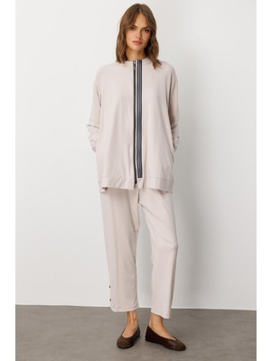 Micca Soft Örme Miccell (%55 doğal) İçerik Dokuma Ön Garni Pantalon Kombin Takım-Taş