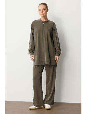 Micca Soft Modal Örme (Miccel %55 Doğal) Içerikli Garnili Detaylı Pantolon Kombin Takım-Haki
