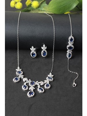 By Barun Gümüş Set Gerdanlık Kolye Küpe Bileklik Renkli Safir Zümrüt Yakut 925 Ayar Zirkon Taşlı Beyaz Silver Zincirli Özel Günler Için Düğün Kına Nişan Abiye Set